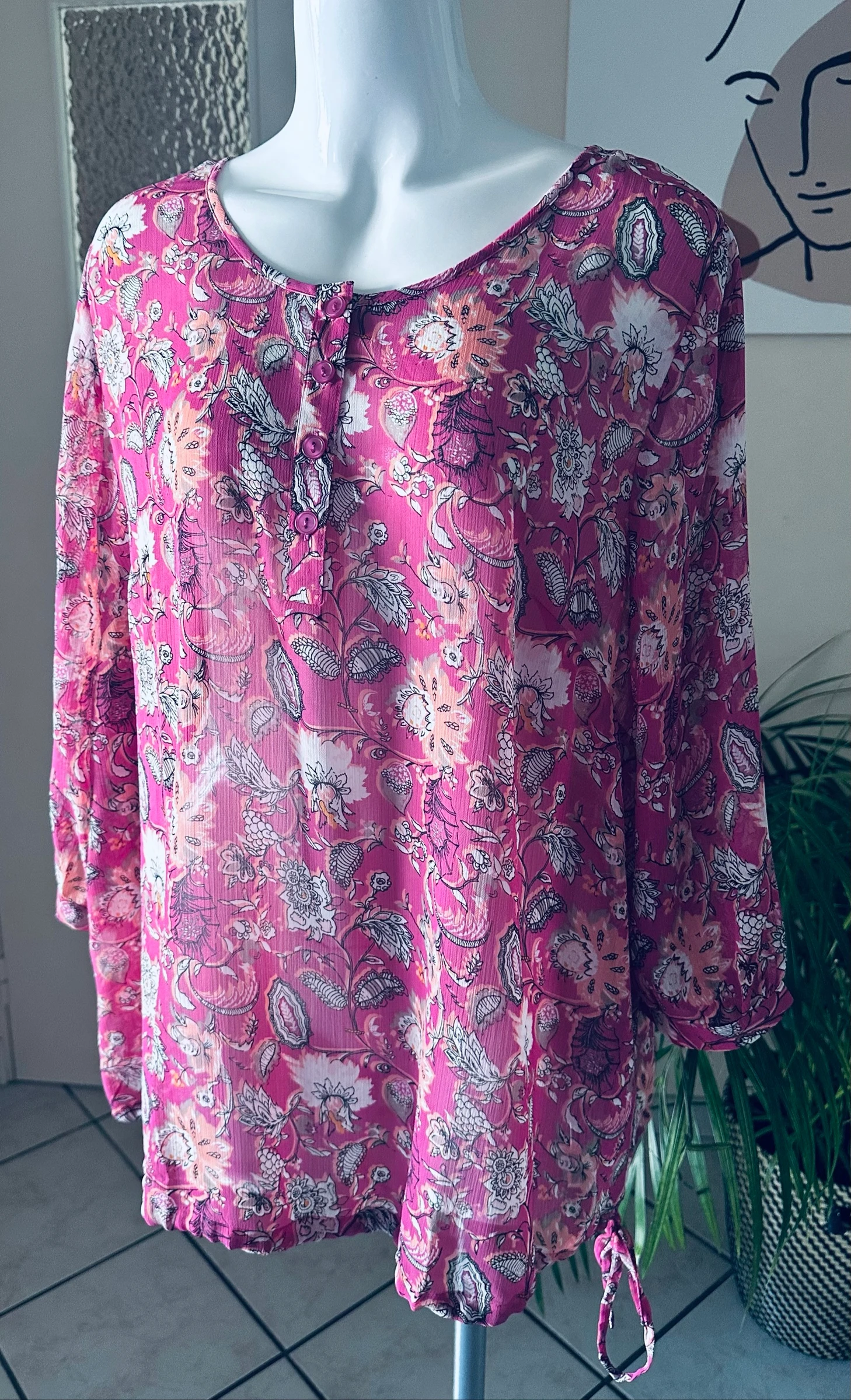 Pink Fuchsia Floral Blouse Damart Size 48 – Excellent Condition – Drawstring Tie – photo 9
